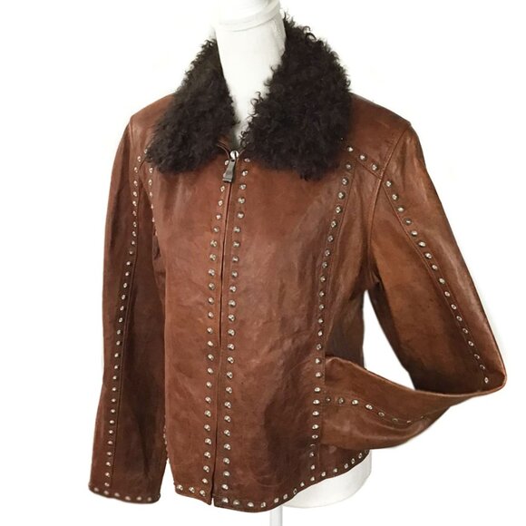 CLIPPER CREEK Stud Faux Fur Distressed Leather Jacket - Picture 8 of 12